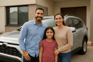"Família brasileira feliz em frente à sua casa, com carro estacionado na garagem, representando segurança e tranquilidade proporcionadas pelo seguro de automóvel."